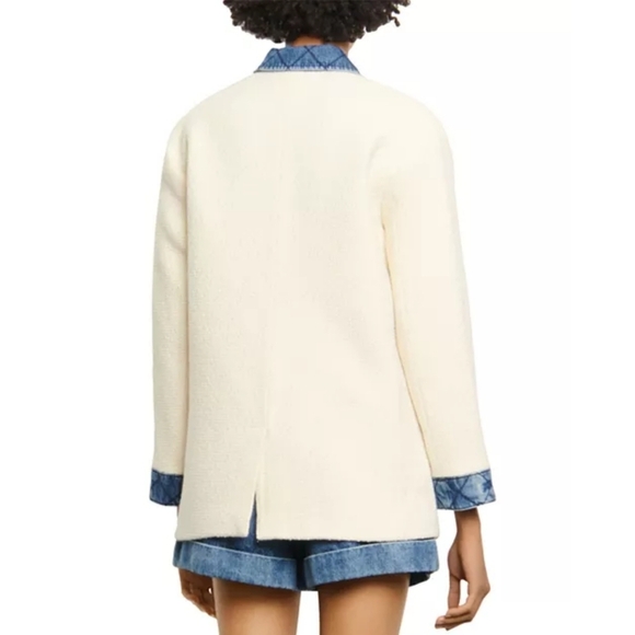 SANDRO Chelby Tweed Denim Jacket White Blue Coat 38 6 Medium - Picture 6 of 10
